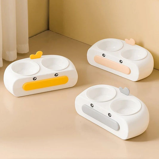 Double pet bowl with stainless steel bowls and raised base