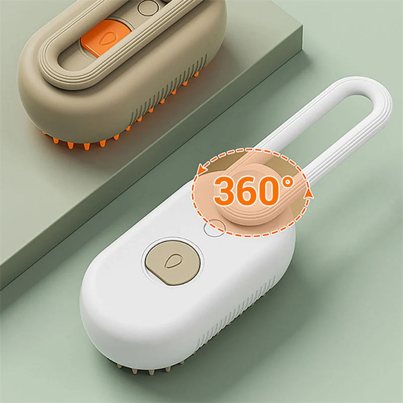 Electric pet grooming brush showing its 360-degree ergonomic design and soft bristles