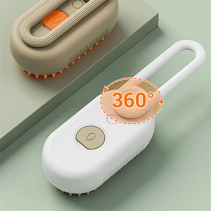 Electric pet grooming brush showing its 360-degree ergonomic design and soft bristles