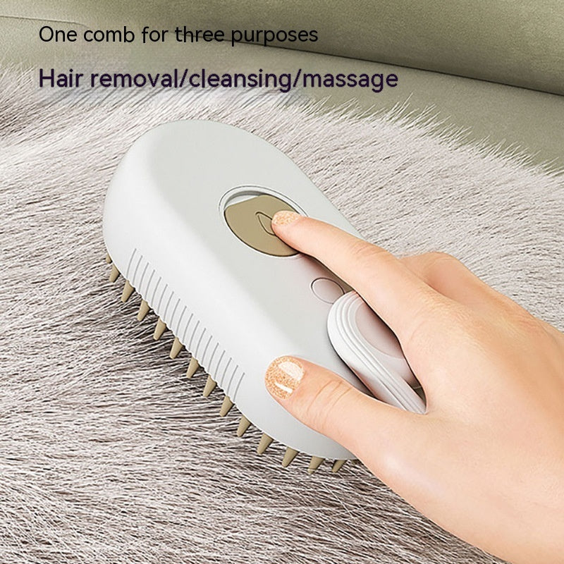 Electric pet grooming brush being used on a cat with brushing, massage, and grooming functions