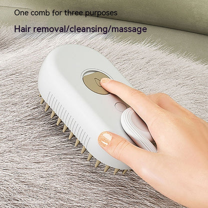 Electric pet grooming brush being used on a cat with brushing, massage, and grooming functions