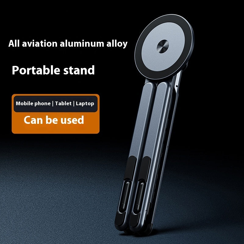 Foldable aluminum magnetic device stand shown in compact portable form