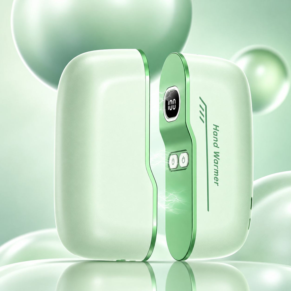 Fresh green rechargeable magnetic hand warmer in a clean product setting