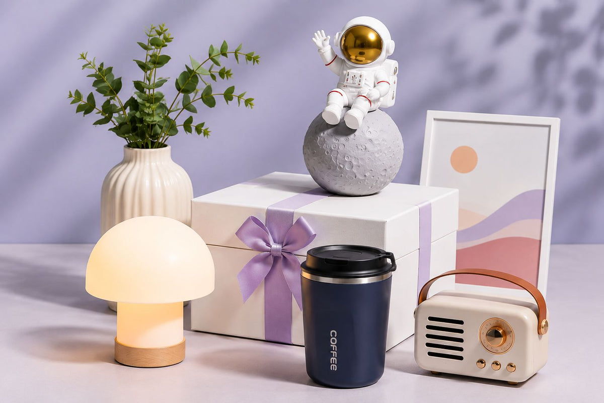 Curated gift collection featuring a wrapped gift box, astronaut decor, ambient lamp, travel mug, retro radio, and decorative vase