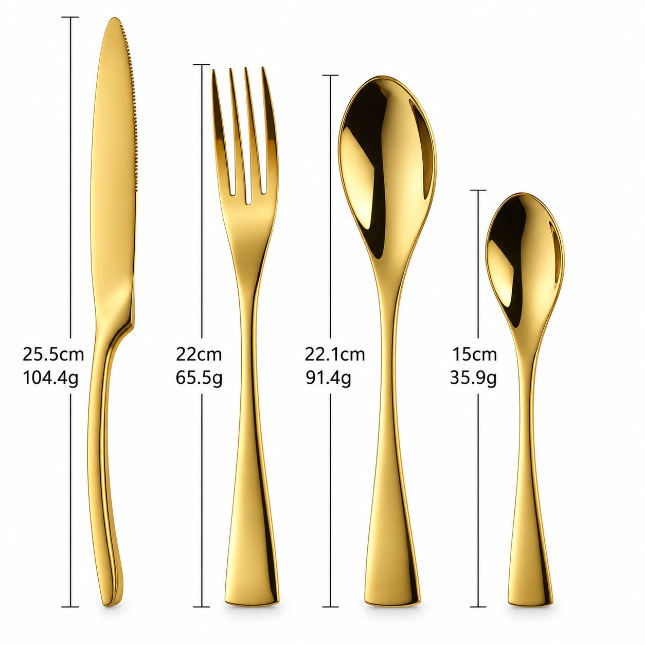 Gold stainless steel cutlery set showing individual sizes and weights