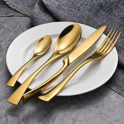 Gold stainless steel cutlery set with knife, fork, tablespoon, and teaspoon