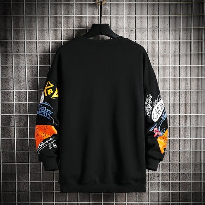 Back view of black oversized graffiti print crewneck sweatshirt