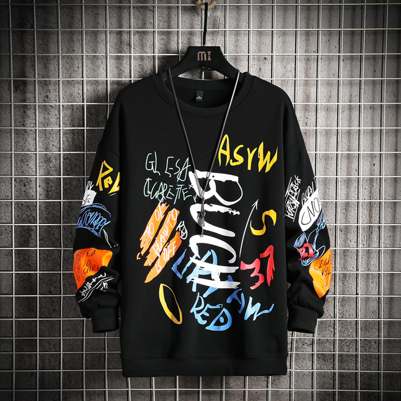 Black oversized graffiti print crewneck sweatshirt with colorful streetwear graphics