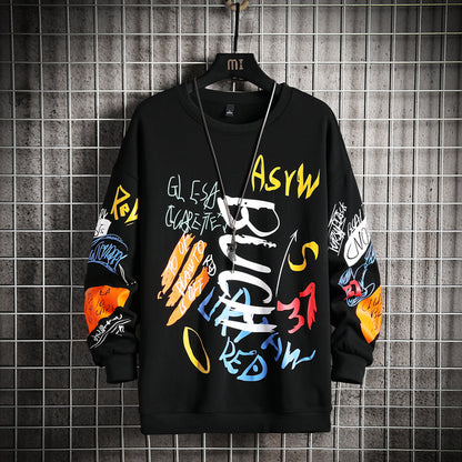 Black oversized graffiti print crewneck sweatshirt with colorful streetwear graphics