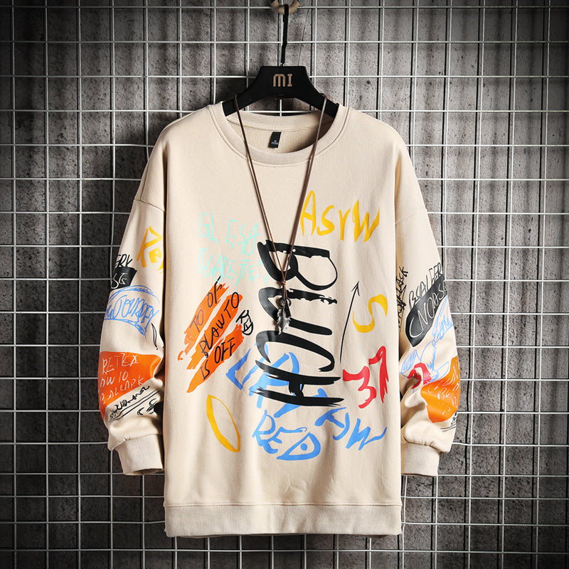 Khaki oversized graffiti print crewneck sweatshirt with colorful graphic design