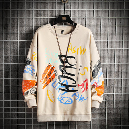 Khaki oversized graffiti print crewneck sweatshirt with colorful graphic design