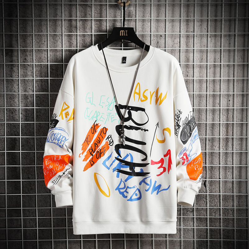 White oversized graffiti print crewneck sweatshirt with colorful streetwear graphics