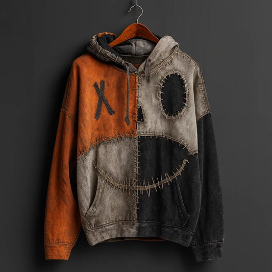 Grim Stitch Hoodie in orange with distressed patchwork and stitched details