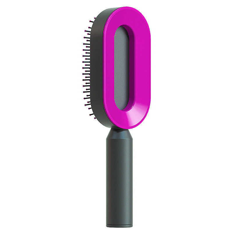 Self-cleaning hair brush in purple with flexible detangling bristles