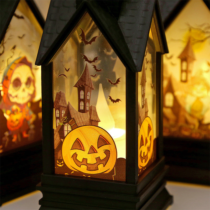 Close-up of HAUNTED Pumpkin Lantern with glowing jack-o-lantern Halloween design