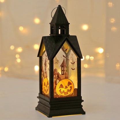 HAUNTED Pumpkin Lantern with glowing Halloween pumpkin and haunted house design