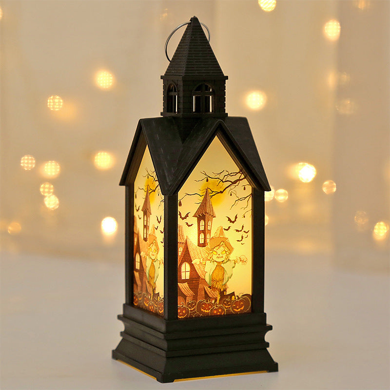 HAUNTED Scarecrow Lantern with glowing Halloween scarecrow and spooky house design
