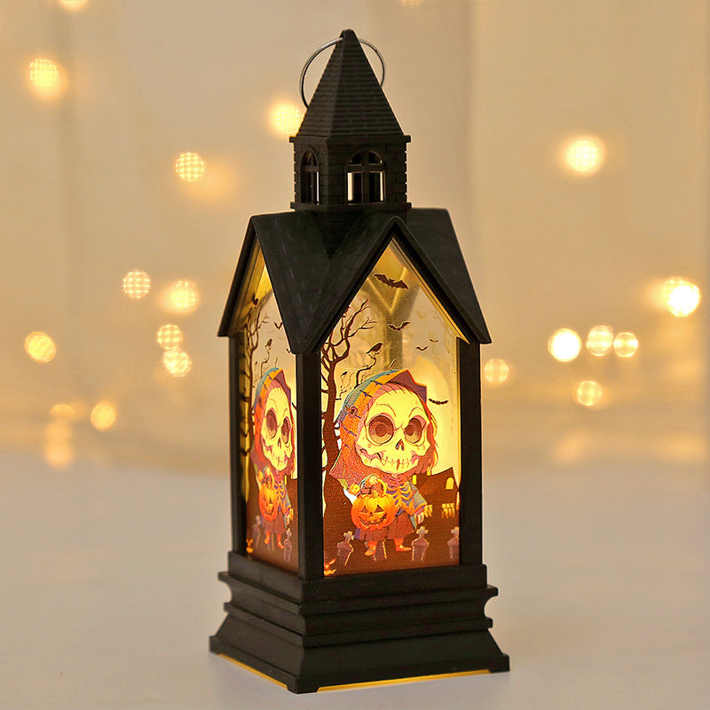 HAUNTED Skull Lantern with glowing skull and Halloween design