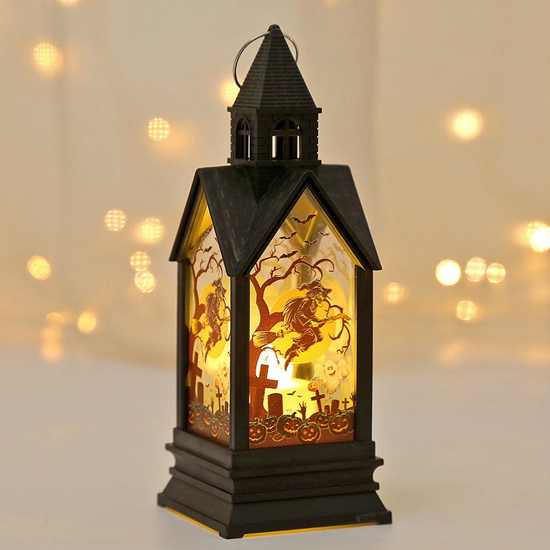 HAUNTED Witch Lantern with glowing Halloween witch and spooky house design