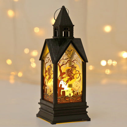 HAUNTED Witch Lantern with glowing Halloween witch and spooky house design
