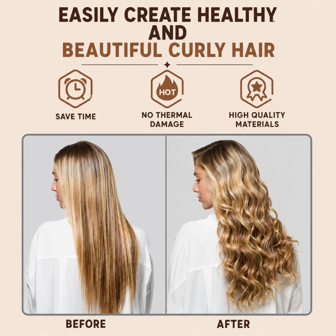 Before and after comparison showing smooth straight hair transformed into soft natural curls using the Heatless Hair Curling Set.