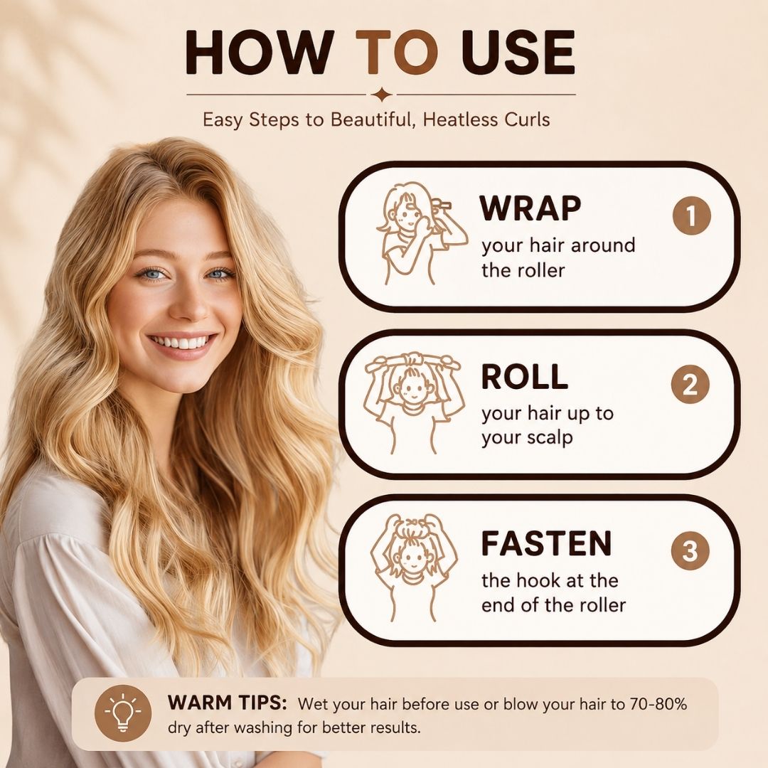 Step-by-step guide showing how to wrap, roll and fasten the Heatless Hair Curling Set for beautiful overnight curls without heat.