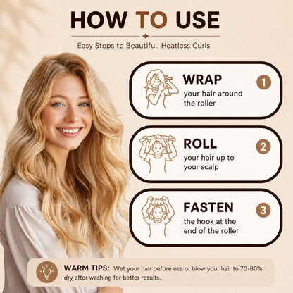 Step-by-step guide showing how to wrap, roll and fasten the Heatless Hair Curling Set for beautiful overnight curls without heat.