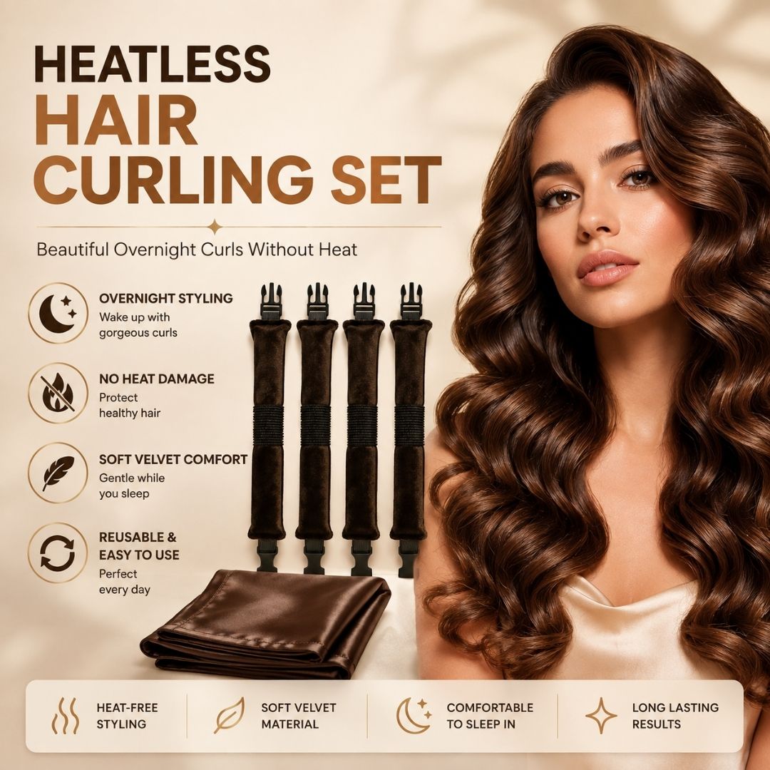 Heatless Hair Curling Set featuring overnight styling, no heat damage, soft velvet comfort, reusable design, satin scarf and heat-free curling rollers.