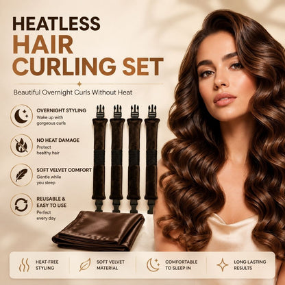 Heatless Hair Curling Set featuring overnight styling, no heat damage, soft velvet comfort, reusable design, satin scarf and heat-free curling rollers.