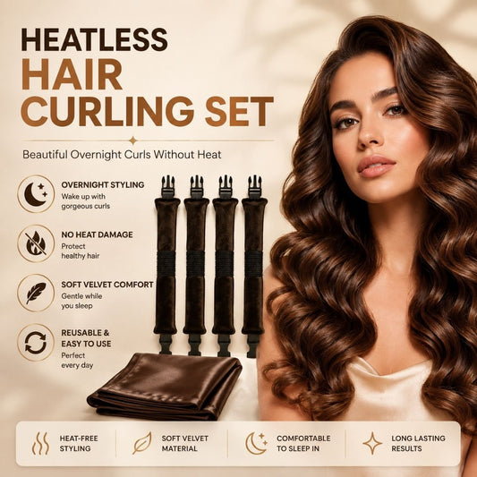 Heatless Hair Curling Set featuring overnight styling, no heat damage, soft velvet comfort, reusable design, satin scarf and heat-free curling rollers.