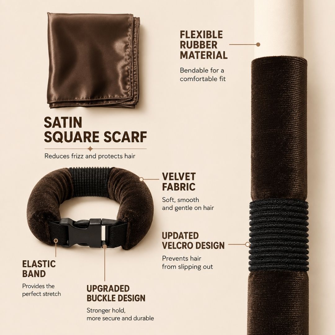 Premium materials of the Heatless Hair Curling Set including satin square scarf, flexible rubber core, soft velvet fabric, upgraded buckle and secure elastic band.