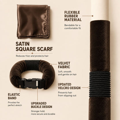 Premium materials of the Heatless Hair Curling Set including satin square scarf, flexible rubber core, soft velvet fabric, upgraded buckle and secure elastic band.