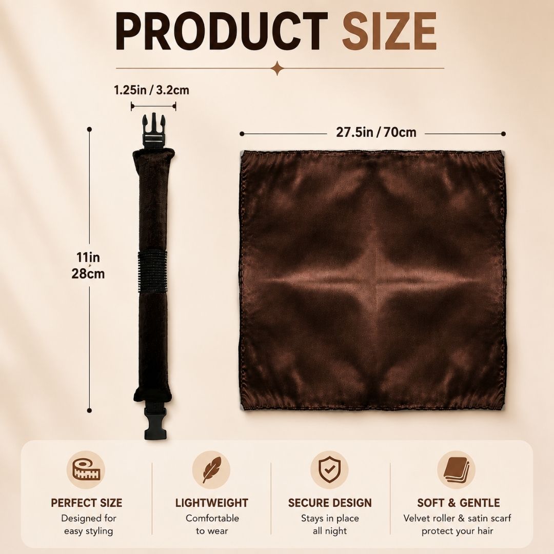 Product dimensions of the Heatless Hair Curling Set showing 28 cm velvet curling roller and 70 cm satin square scarf.
