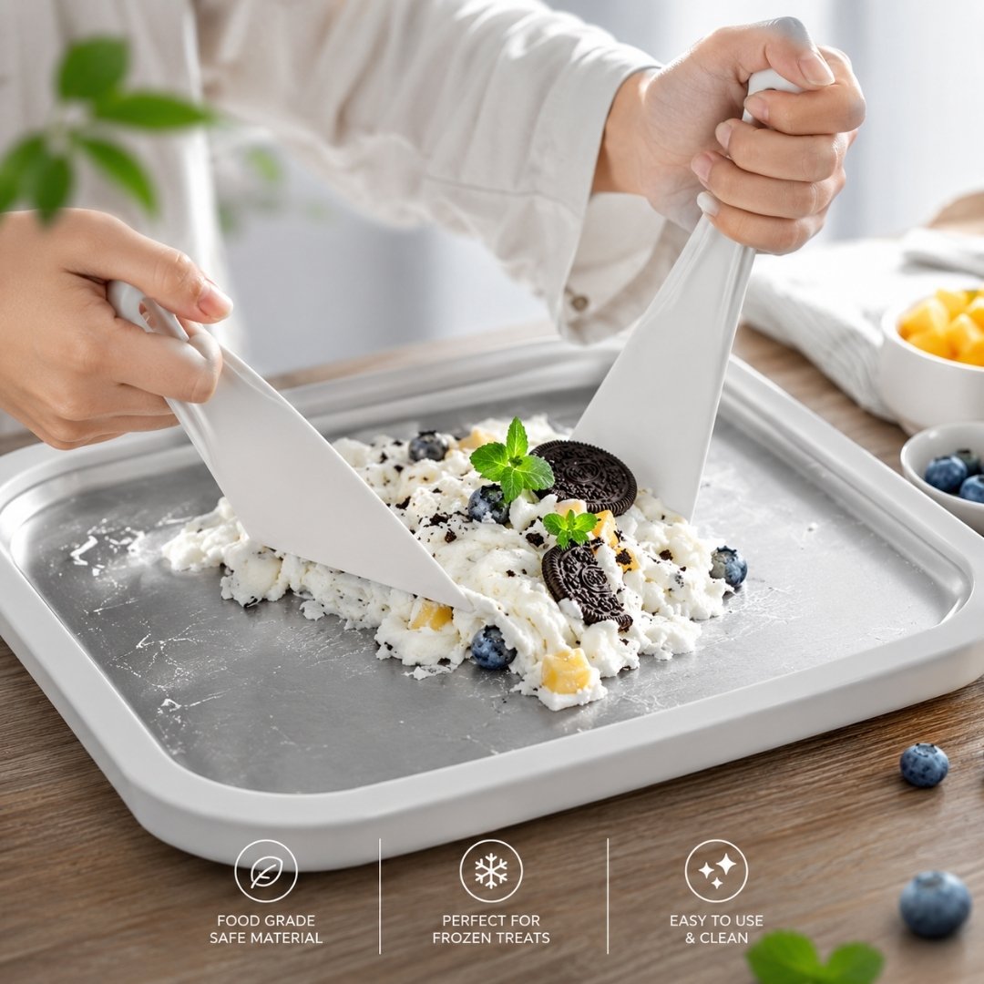 Ice Cream Roll Maker being used to mix frozen ice cream with fruit and cookie toppings
