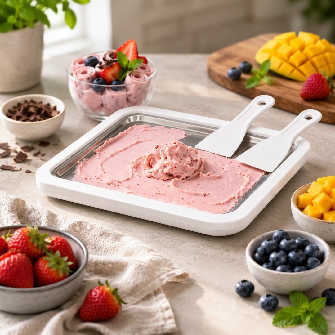 Ice Cream Roll Maker preparing homemade strawberry rolled ice cream with fresh fruit