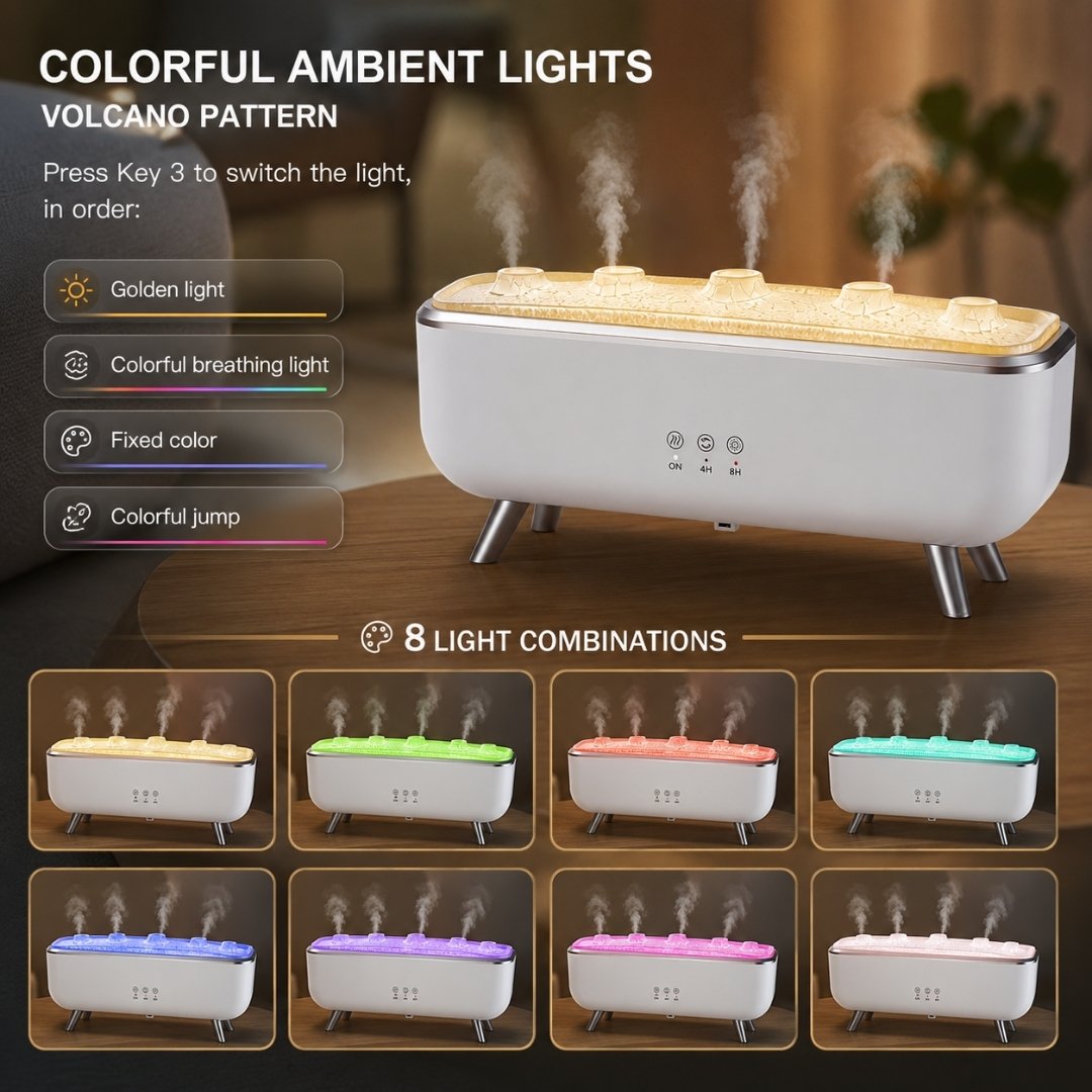 Jellyfish Aroma Diffuser with colorful ambient lighting, volcano mist pattern, and eight light combinations.