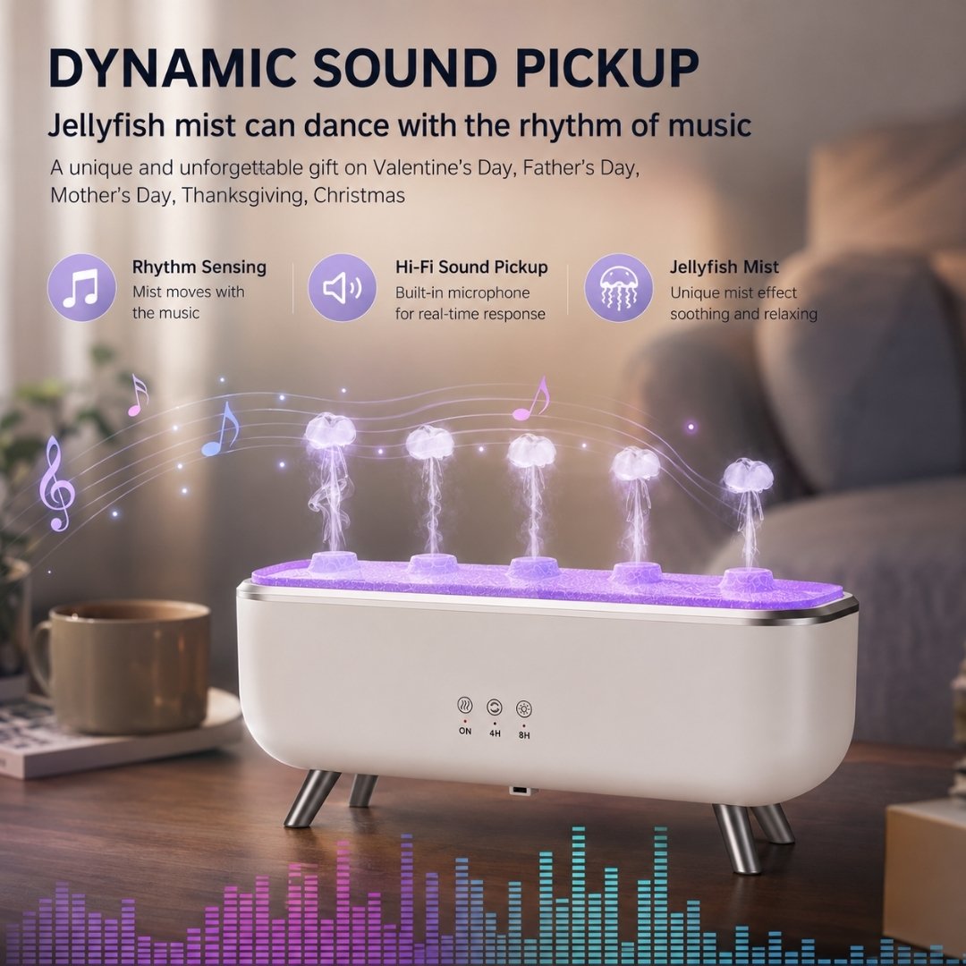 Jellyfish Aroma Diffuser with music-synced mist, built-in sound pickup, and a relaxing jellyfish mist effect.