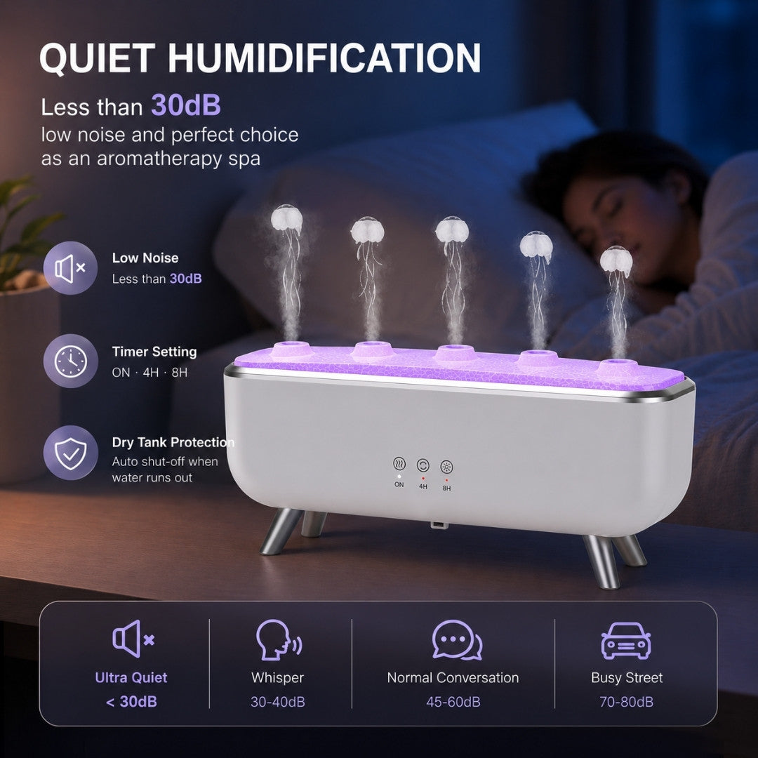 Jellyfish Aroma Diffuser with quiet humidification, timer settings, and dry-tank protection for peaceful nighttime use.