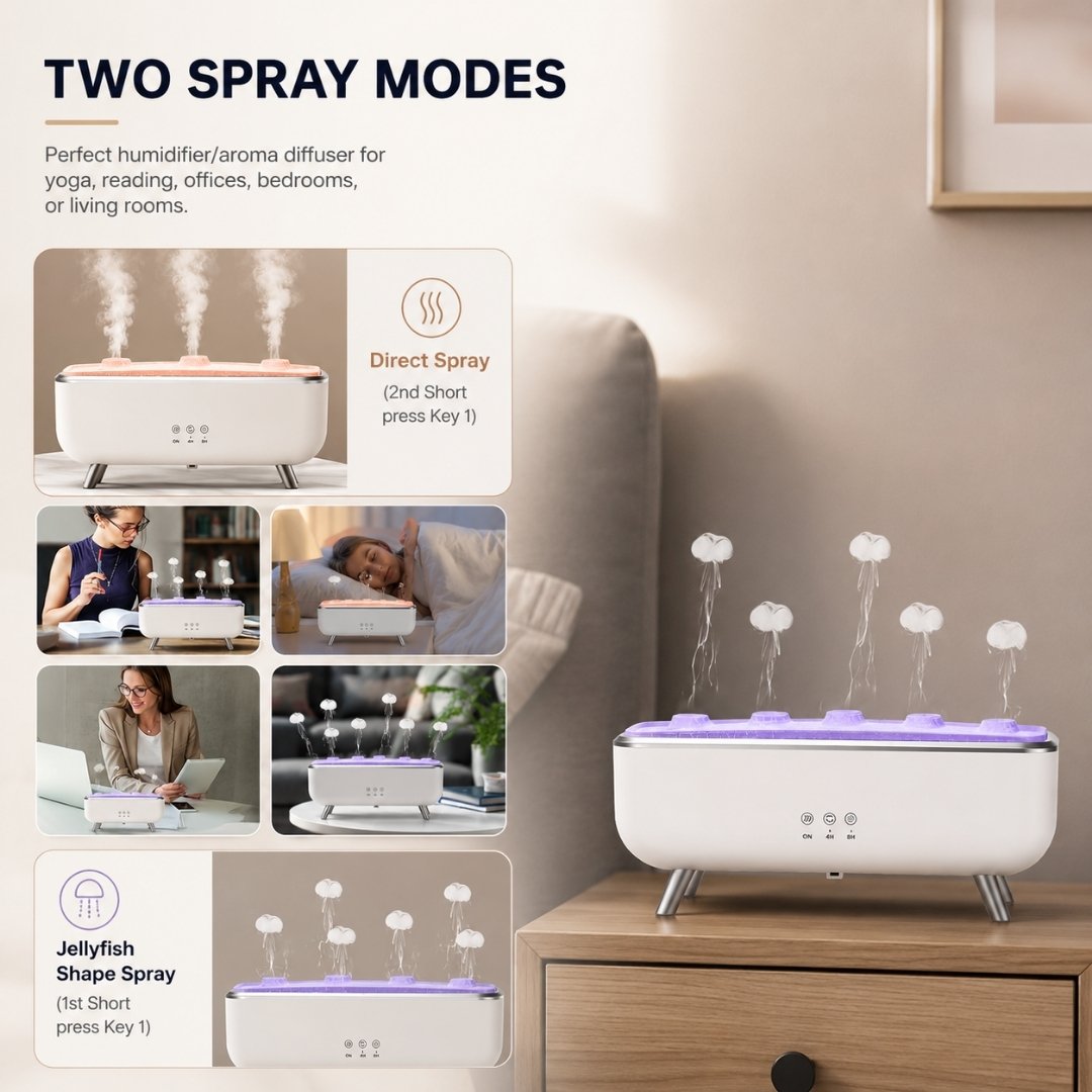 Jellyfish Aroma Diffuser with two spray modes for relaxing use in bedrooms, offices, living rooms, and yoga spaces.