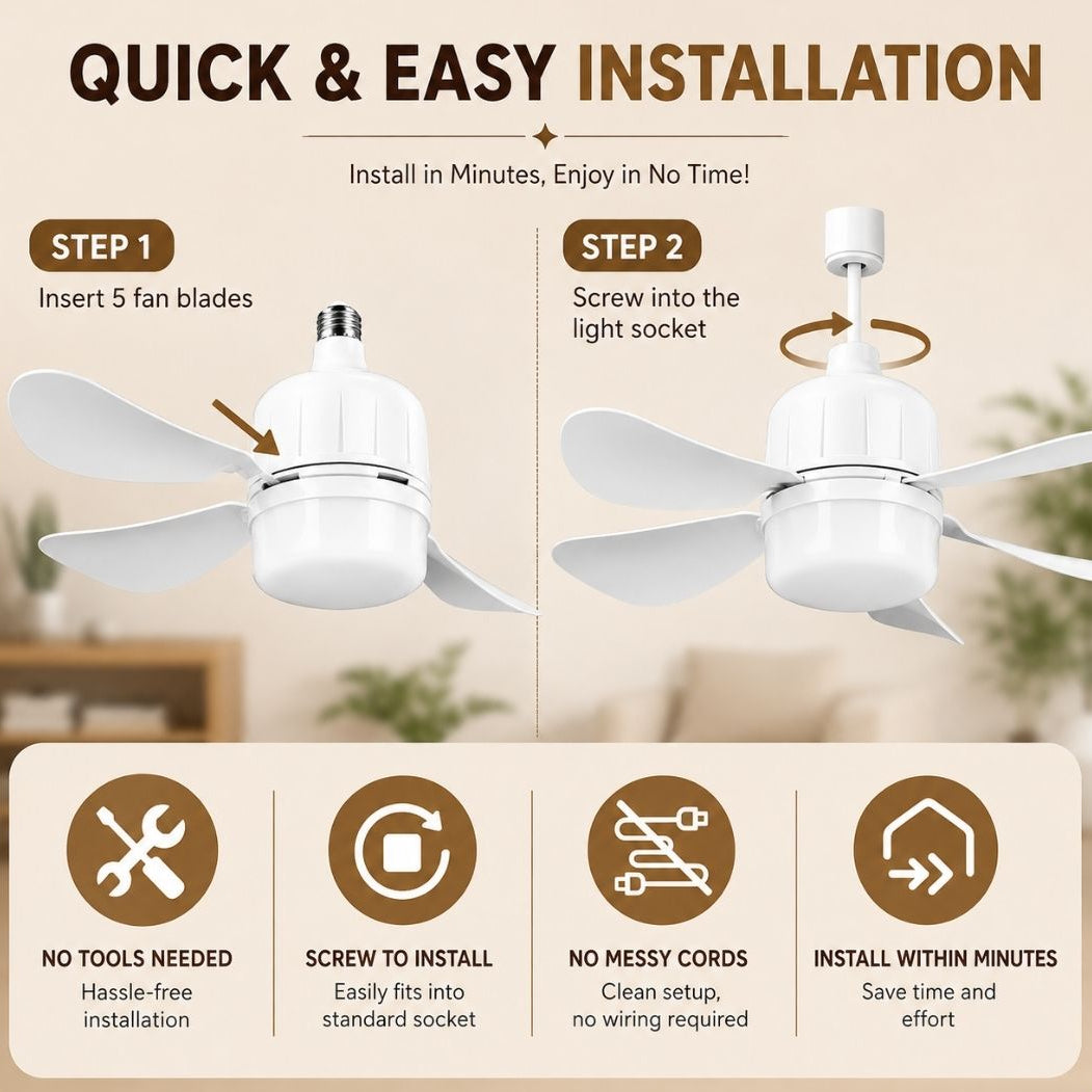 Easy installation LED ceiling fan with light that screws into a standard E27 light socket without tools or wiring for quick setup.
