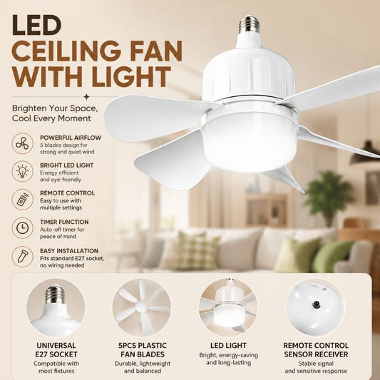 LED ceiling fan with light featuring 5 fan blades, E27 socket compatibility, remote control receiver, energy-efficient LED lighting, and quiet airflow for modern homes.