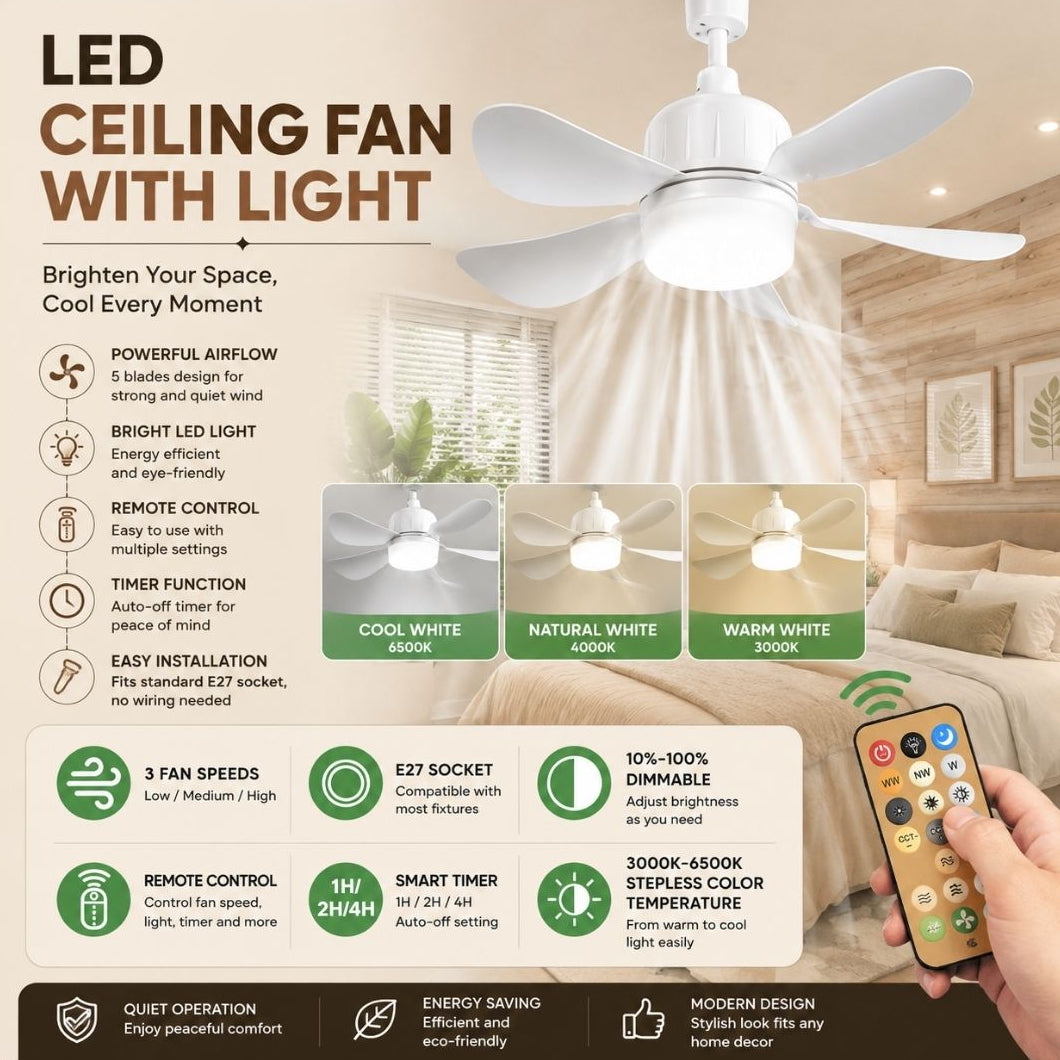 LED ceiling fan with remote control, adjustable brightness, three fan speeds, smart timer, and warm to cool white lighting for personalized comfort.