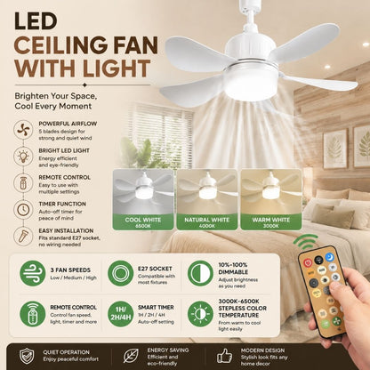 LED ceiling fan with remote control, adjustable brightness, three fan speeds, smart timer, and warm to cool white lighting for personalized comfort.