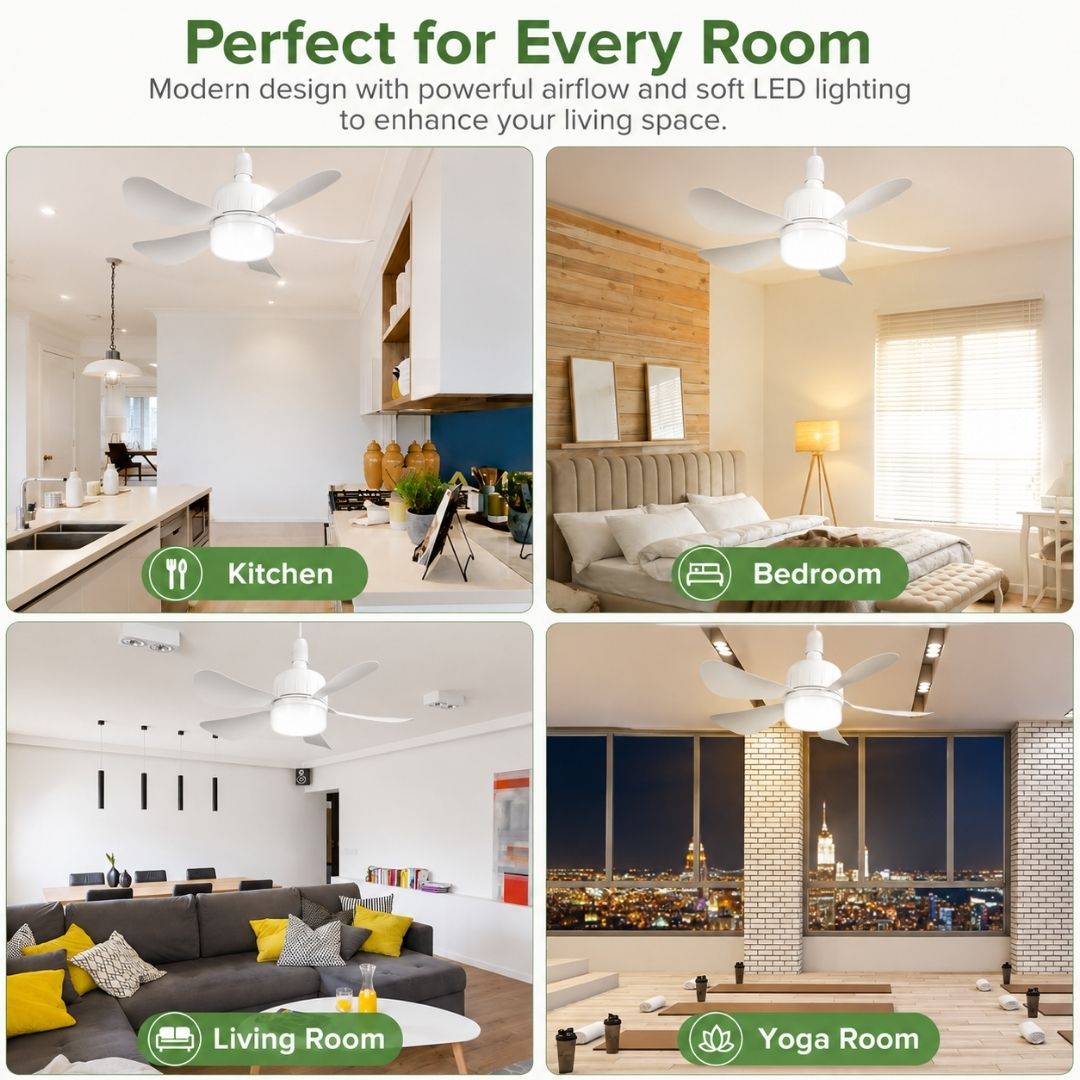 LED ceiling fan with light installed in kitchen, bedroom, living room, and yoga room, offering quiet cooling and bright LED illumination for every space.