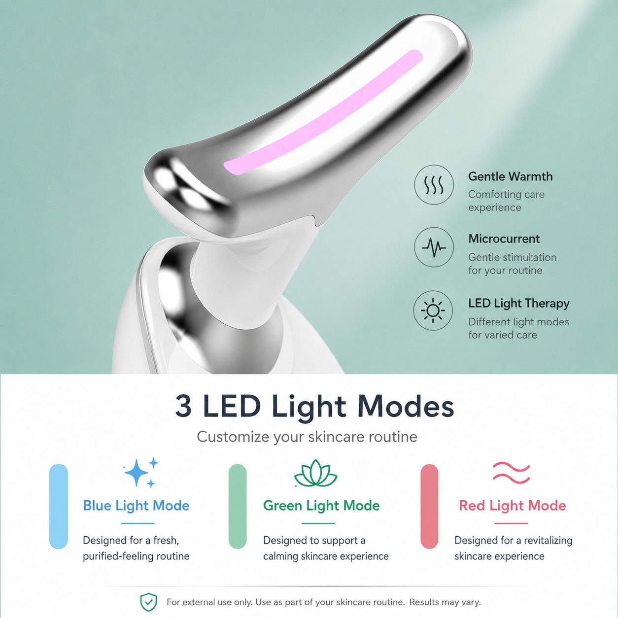 LED facial and neck massager featuring blue green and red light modes