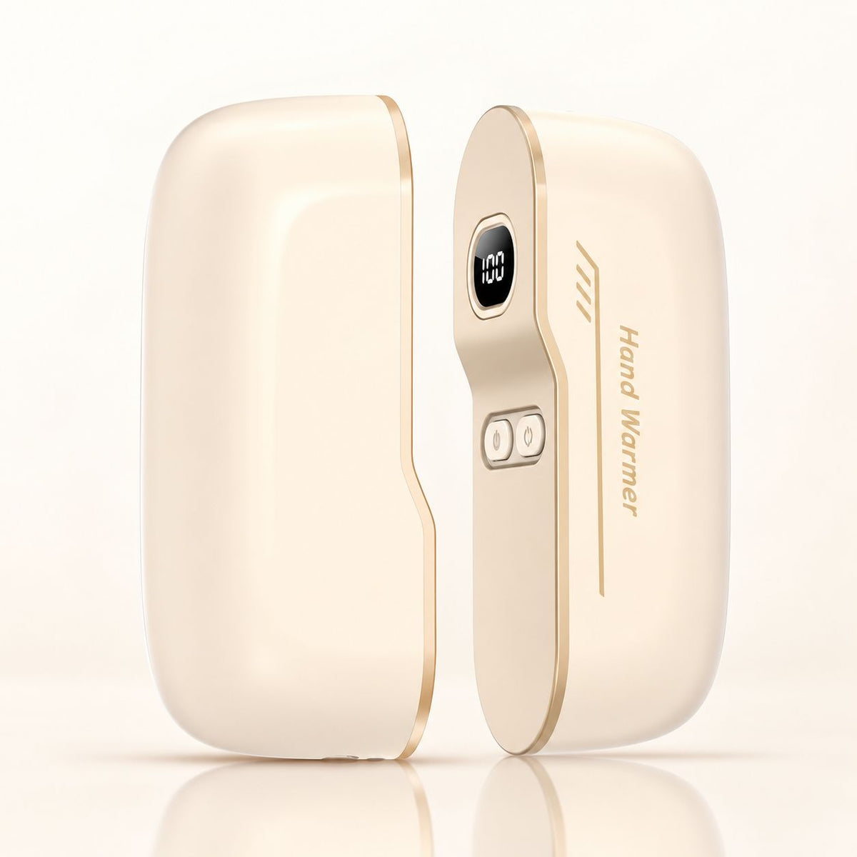Light beige rechargeable magnetic hand warmer shown open