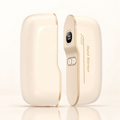 Light beige rechargeable magnetic hand warmer shown open