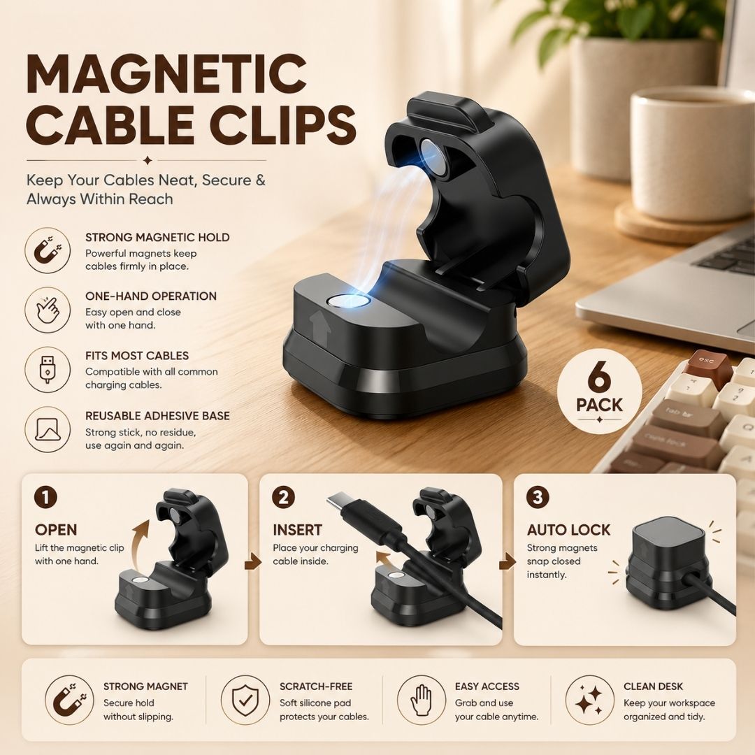 Magnetic Cable Clips 6-Pack with strong magnetic hold, one-hand operation, reusable adhesive base, and auto-lock design for organizing charging cables.
