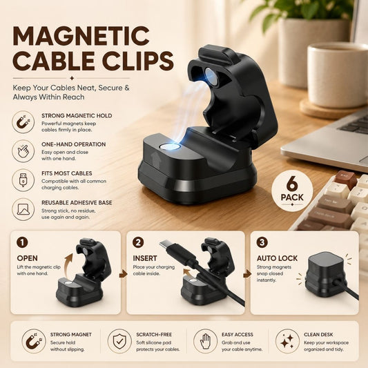 Magnetic Cable Clips 6-Pack with strong magnetic hold, one-hand operation, reusable adhesive base, and auto-lock design for organizing charging cables.