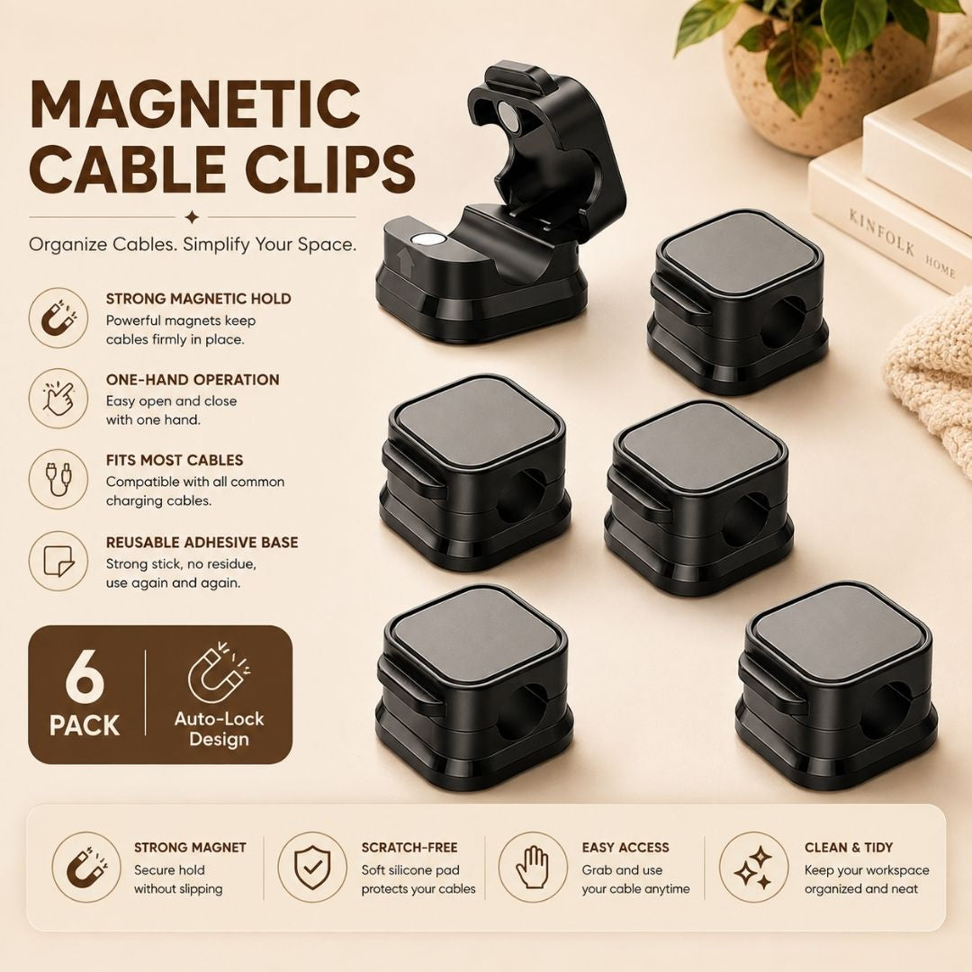 Magnetic Cable Clips 6-Pack set with auto-lock magnetic design, reusable adhesive base, and secure cable management for desks and workstations.